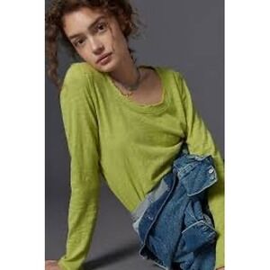 By Anthropologie Safa Frayed Scoop Neck Top in Green Size Medium Bohemian Spring